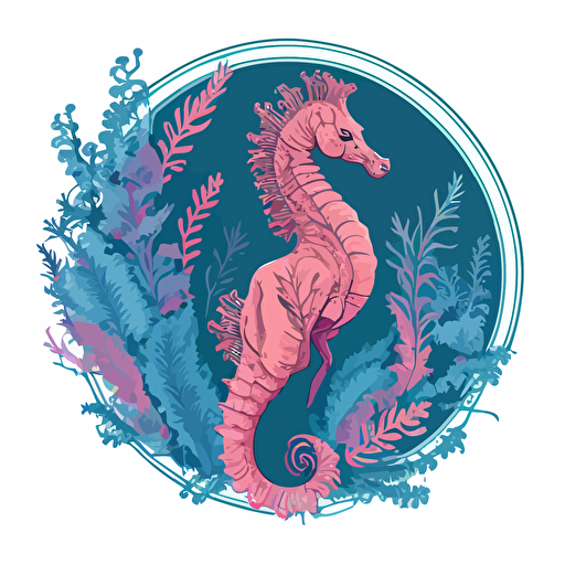 blue seahorse with its tail wrapped around pink coral, vector, emblem, logo, flat style, circular design