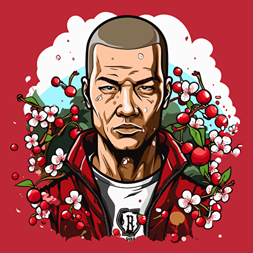 create a full cherry, animated, graffiti style, with a face, japanese, air freshner, vector, sticker style, grand theft auto V theme art no background