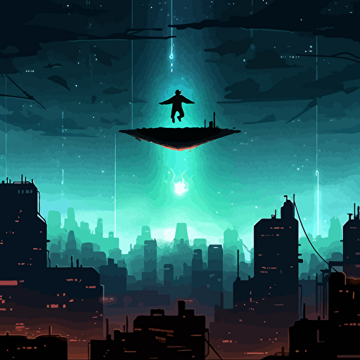 levitating above burning city,theater stage,neon light,,Aurora Laser,Axel Vervoordt,vector illustration, minimalist illustrator, silhouette of a person extreme sports, dynamic posture