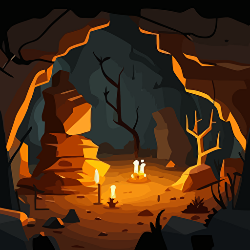 cave scene, with fire torches on the wall, floor with bones, hq style, vector