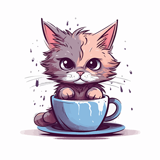 a vector illustration of a cute cat drinking coffee from a cup, on solid white background