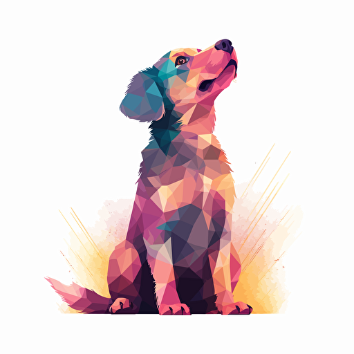 cute dog sitting down with paws in the air, side view, vector illustration, geometric shapes, with subtle texture overlay