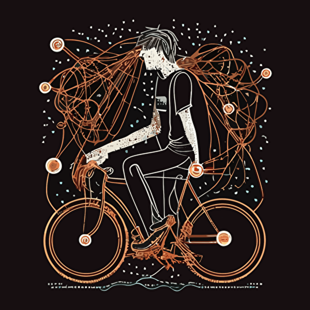 person attached with strings on a bike, vector style,