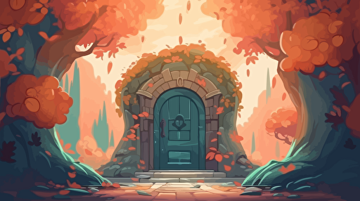 Cozy fantasy portal surrounded by Large curved wooden doorframe with portal leading to other dimension in daytime, close up, with colorful flowers and trees with leaves blowing through the doorway. Vector illustration. 2D hand drawn cartoon animation style with bright colors.