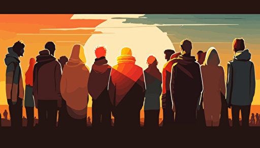 Vector Art, WIDE ANGLE shot with long depth of field. It's around sunset on a warm sunny summer day Soft, richly colored. image of a small group of modern day Christians who've gathered casually to pray, They are huddled together, with heads bowed, praying and holding each other's hands facing the beautiful horizon.