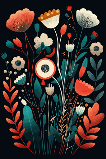 Scandi style flowers in bloom, vibrant colours, vector