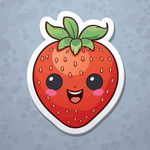 sticker, cute and happy ripe strawberry, kawaii, contour, vector, white border, gray background
