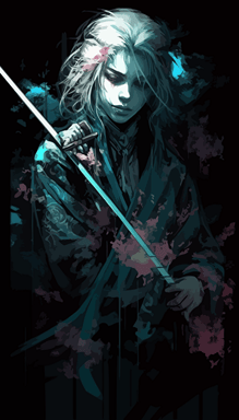 a drawing of a person with a sword, vector art by Yuumei, trending on pixiv, shock art, black background, dark and mysterious, official art