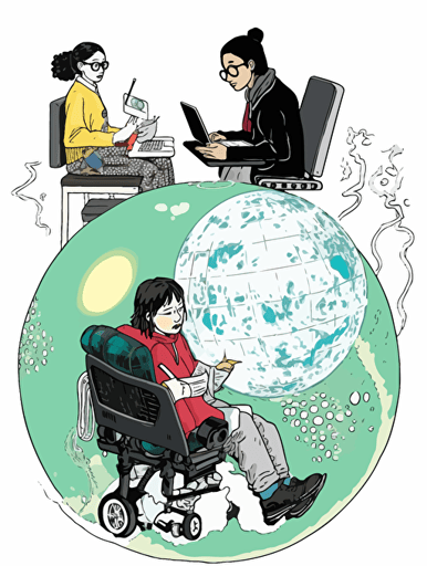 Japanese comic book エイチ・ツー style, a young climate activist, a feminist, a female human rights activist, and a person in a wheelchair imagine a "hammer" and a "keyboard," together on a big stage, and their imagined hammer and keyboard shapes float in a single bubble(Non-letter illustrations). white background, vector, illust