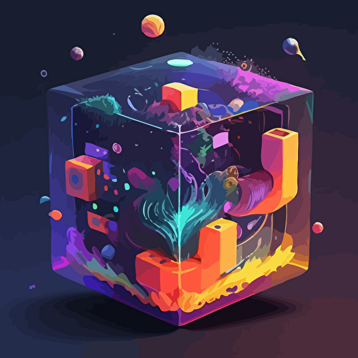 A radiant digital cube stands out in a vivid bazaar, its distinctive traits protected by a transparent barrier of ownership, while the whirl of symbols and transactions animates the atmosphere,GUI,WEB UI,VECTOR,trending ondribbble