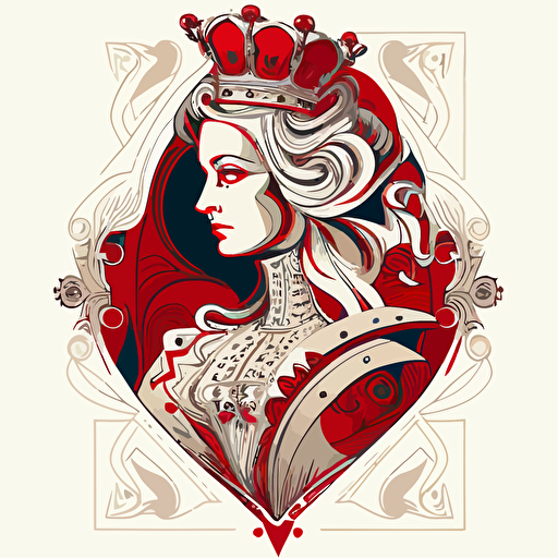 Design the queen of hearts in the style of french suited, with a white background, vector, ar 2:3, v5