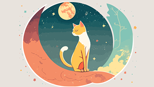 simple, 2d, cartoon, vector, vector art, pastel, cat on the moon, Little Prince Style, colourful,