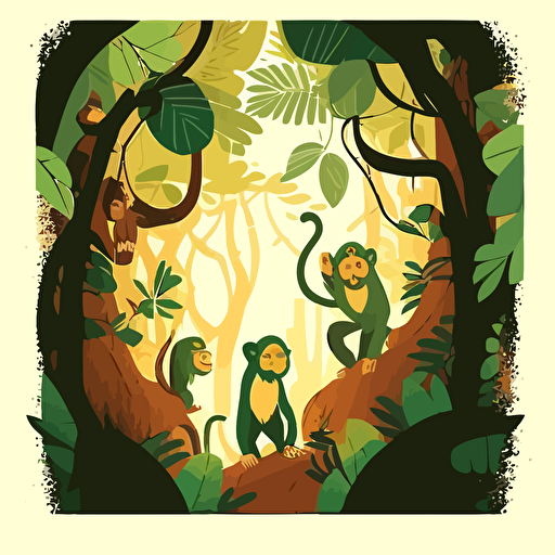 Jungle with monkeys. Vector image. Illustration to a children book. Flat colors.