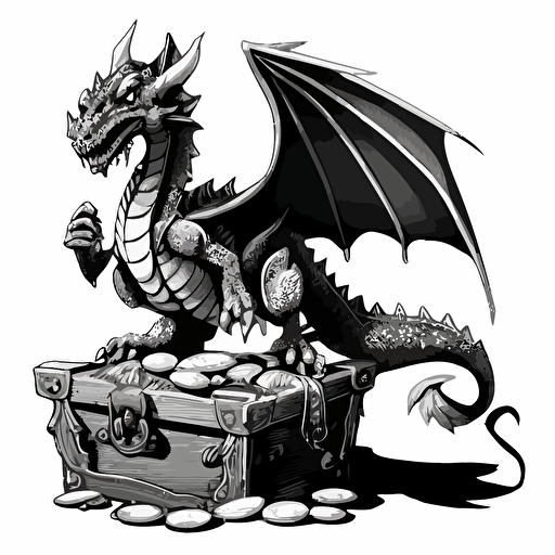 dragon with treasure, simple, black and white, vector art, no background