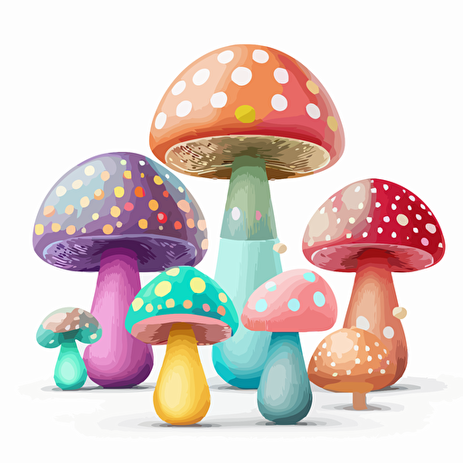 illustrated group of mushrooms, magical, vector art, morandi colours, isolated white background