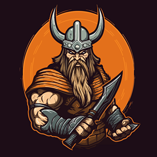 vector logo muscular viking holding battle axe in one hand and viking helmet in other hand