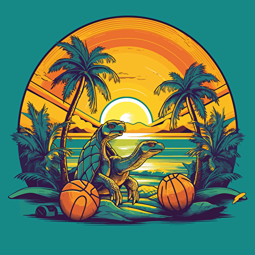 vector, nba logo, palm trees and an ocean background with a sun, turtle, basketball, birds, brazilian, tropical theme, with no text, green, blue, yellow, closed shape