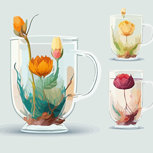 show progression of blooming tea bud in glass mug vector