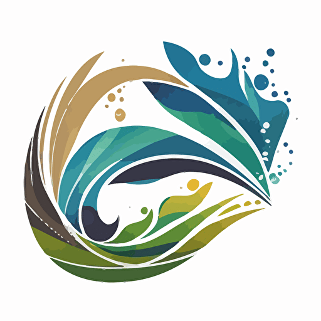 a vector logo of a stylized wave, fish, with blues, greens, earth tones by paul rand