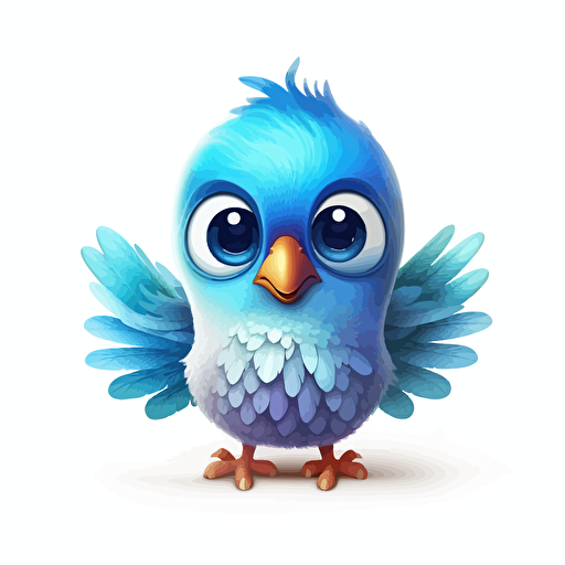 happy, cute, blue bird, big head, large shiny eyes, small wings, small legs, subtle gradients, colorful feathers, vector art, 2d