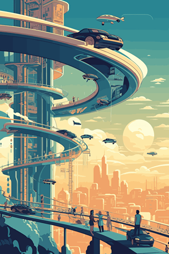 futuristic city, bridges, balconys, flying cars, people, moebius, minimalistic vector,