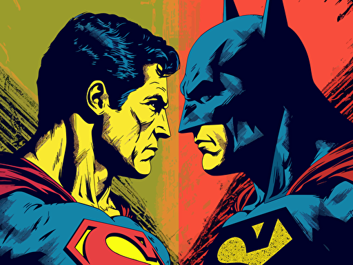 pop art poster of batman and superman facing off, vector vibrant colors