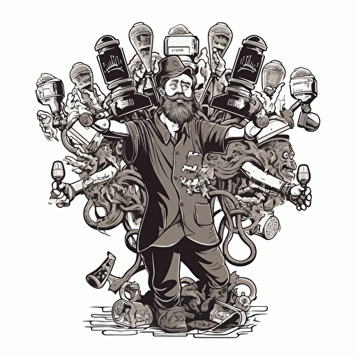 vector logo, a multi-armed bartender, using all of his arms to pull every beer tap, lots of beer taps, pouring a lot of beer, fantasy art, black and white logo art, no background,