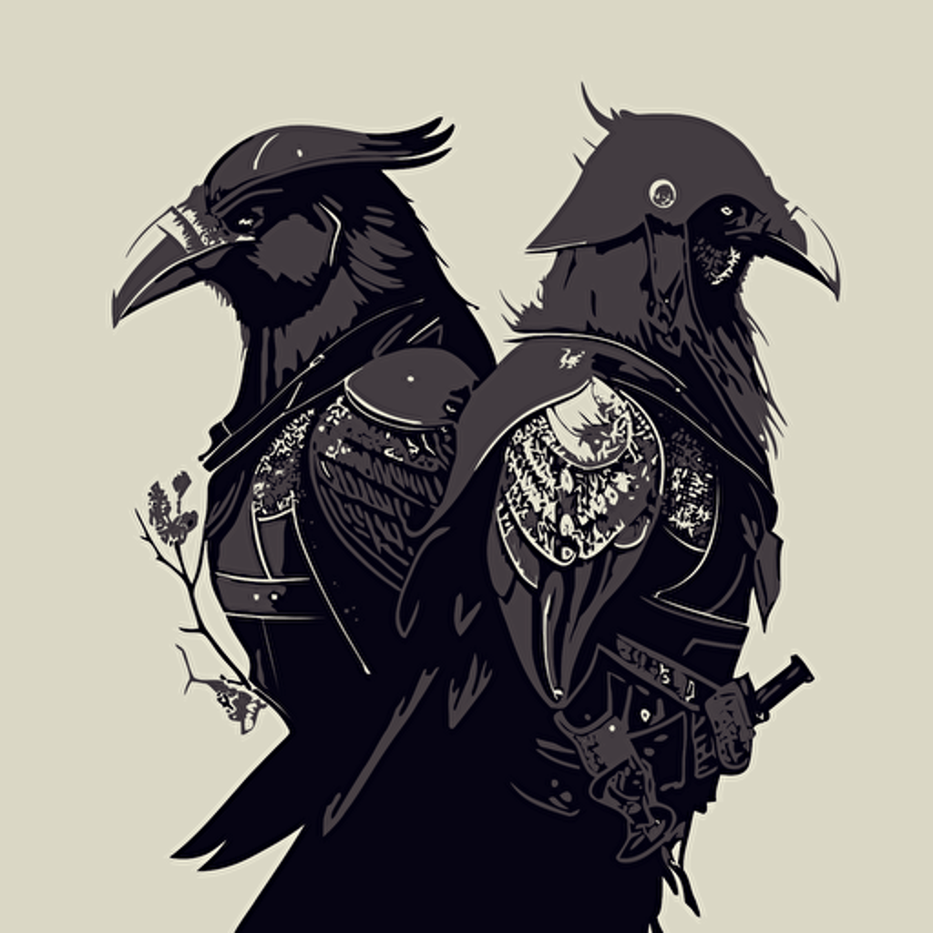 illustrate, vector, odin full viking armor, two ravens on shoulder, simple background