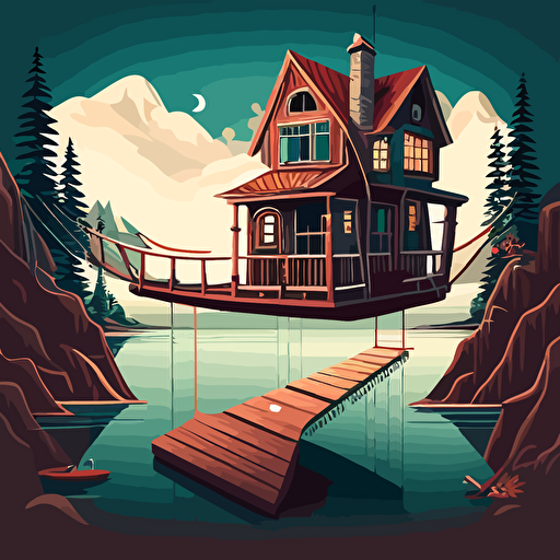 Cartoon vector perspective image of a house suspended on a platform over a large lake with a bridge leading to it