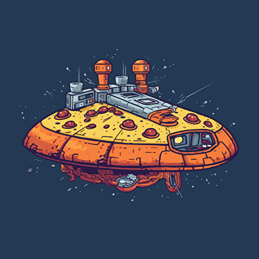 the spaceship from star trek but it's made of pizza as if it's a pizza ship, flat vector illustration
