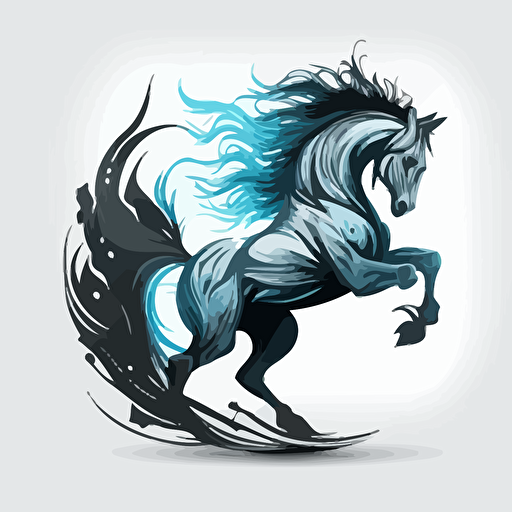 vector Logo design style, 3 color tone, black, grey, cerulean blue, the mythological Sleipnir galloping on SIX legs