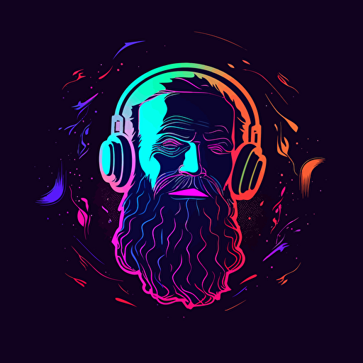 make a logo for a podcast hosted by 2 bearded brothers, unique art style, minimal vector style, neon futuristic color scheme, dark isolated background,