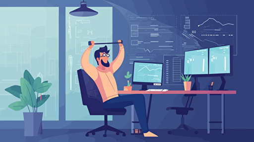 vector art of programmer holding money and happy while in a programming office , 2d , details ,