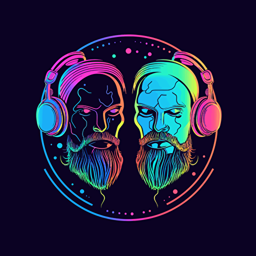 make a logo for a podcast hosted by 2 bearded brothers, unique art style, minimal vector style, neon futuristic color scheme, dark isolated background,
