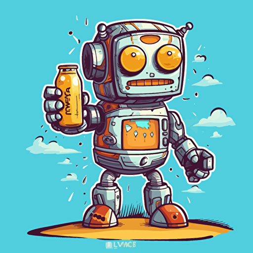 cute happy robot holding a beer, cartoon graffiti, vector, no background, surfer
