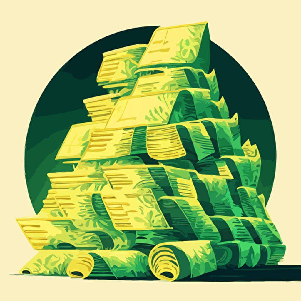 A huge pile of millions of US dollars. Illustration in vector, green and yellow tones, in the style of 80's advertising.