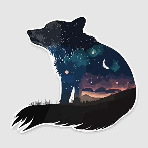 animal silhouette filled with the night sky, sticker, white outline, vector, detailed