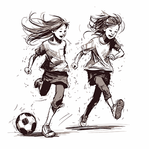 Vector illustration, black ink of two beautiful happy 9 years old girls playing soccer with white background