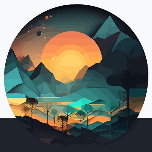 the sun with small mountains and trees, in the style of innovative page design vector drawing, dark compositions, light cyan and dark black, multi-layered color fields, loish, subtle color gradations, scientific diagrams