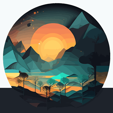 the sun with small mountains and trees, in the style of innovative page design vector drawing, dark compositions, light cyan and dark black, multi-layered color fields, loish, subtle color gradations, scientific diagrams