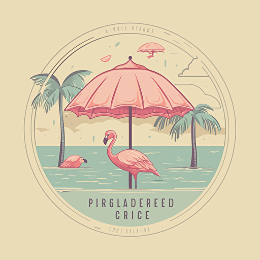A charming logo for the paradise island catering to the affluent, inspired by Wes Anderson's signature style, incorporating pastel colors, a stylized beach scene with elegant umbrellas and beach chairs, and a touch of whimsy, Illustration, digital vector art to create a clean and memorable design,