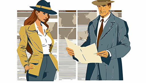 A women dressed in business casual clothing holding a piece of paper, showing it to a man dressed as a detective. flat style illustration for business ideas, flat design vector, industrial, light color pallet using a limited color pallet, high resolution, engineering/ construction and design, colored cartoon style, light indigo and light gold, cad( computer aided design) , white background