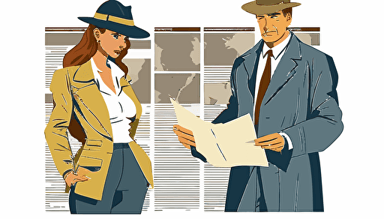 A women dressed in business casual clothing holding a piece of paper, showing it to a man dressed as a detective. flat style illustration for business ideas, flat design vector, industrial, light color pallet using a limited color pallet, high resolution, engineering/ construction and design, colored cartoon style, light indigo and light gold, cad( computer aided design) , white background