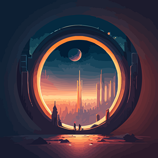 Dreamy vector art of a portal leading to a futuristic city