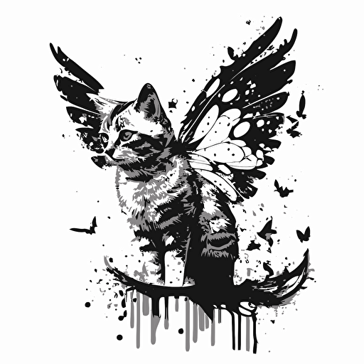 cat with fairy wings ink illustration, vector, white background