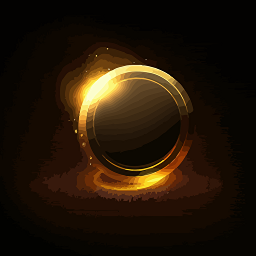 Gold coin icon. It is on the edge, side view. There is a magical glow around the coin. Bright and voluminous, vector.