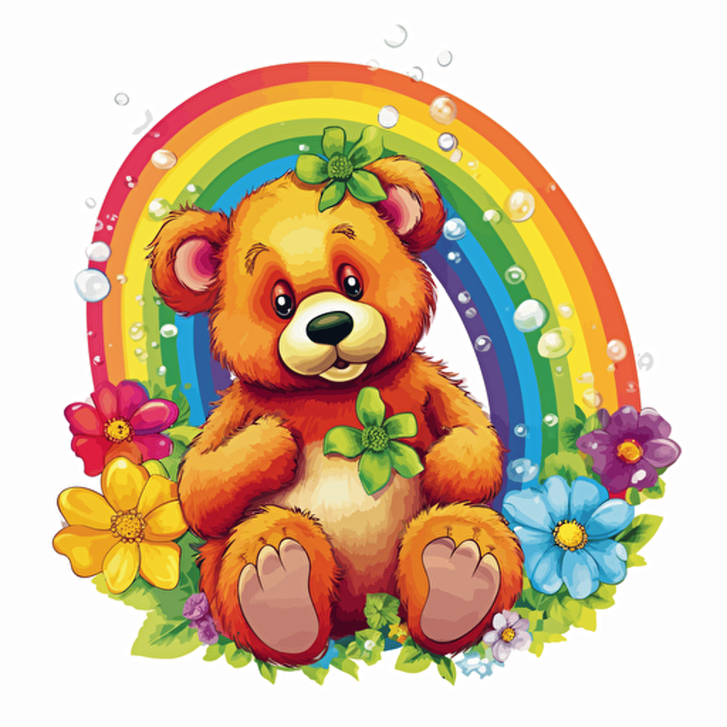 rainbow bear, flowers, detailed, cartoon style, 2d clipart vector, creative and imaginative, hd, white background