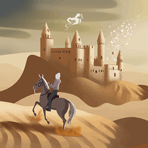 A knight made of sand, riding a tall horse, also made of sand, galloping on the desert. The wind blows and there are many sand particles around him. The background is a castle made of sand, with a square castle and a tall tower in the middle. There are small towers and walls on the left and right sides. Infinite region, in the style of surprise influence, ahmed morsi, precision influence, dynamic balance, vectorialism influence