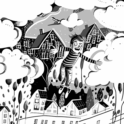 Little boy flying above houses and trees higher in the sky . black and white vector illustration. Cheerful image