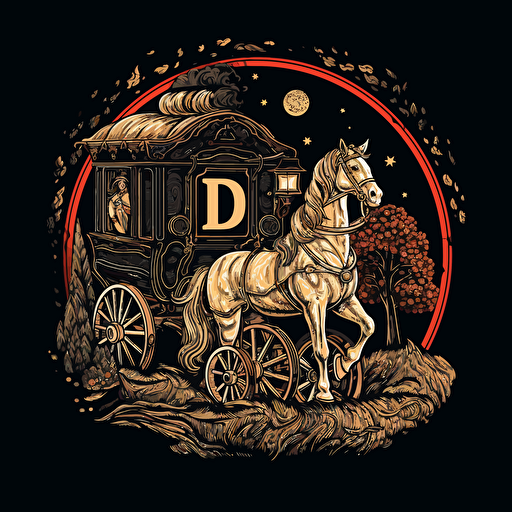 D&D wagon and horse token, vector, black background